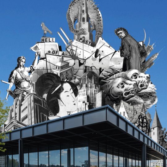 Eine Collage aus Artefakten und Zeugnissen aus diversen Zeiten und Kulturen inszeniert auf der Neuen Nationalgalerie. 