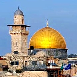 Goldene Kuppel eines historischen Gebäudes mit angrenzendem Turm und umliegenden Dächern in einer Stadtlandschaft