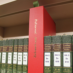 Bücherregal mit alten Büchern, grüner Einband mit dem Titel Laubes gesammelte Werke. In der Mitte ist ein rotes Buch mit dem Titel Zieh mich heraus